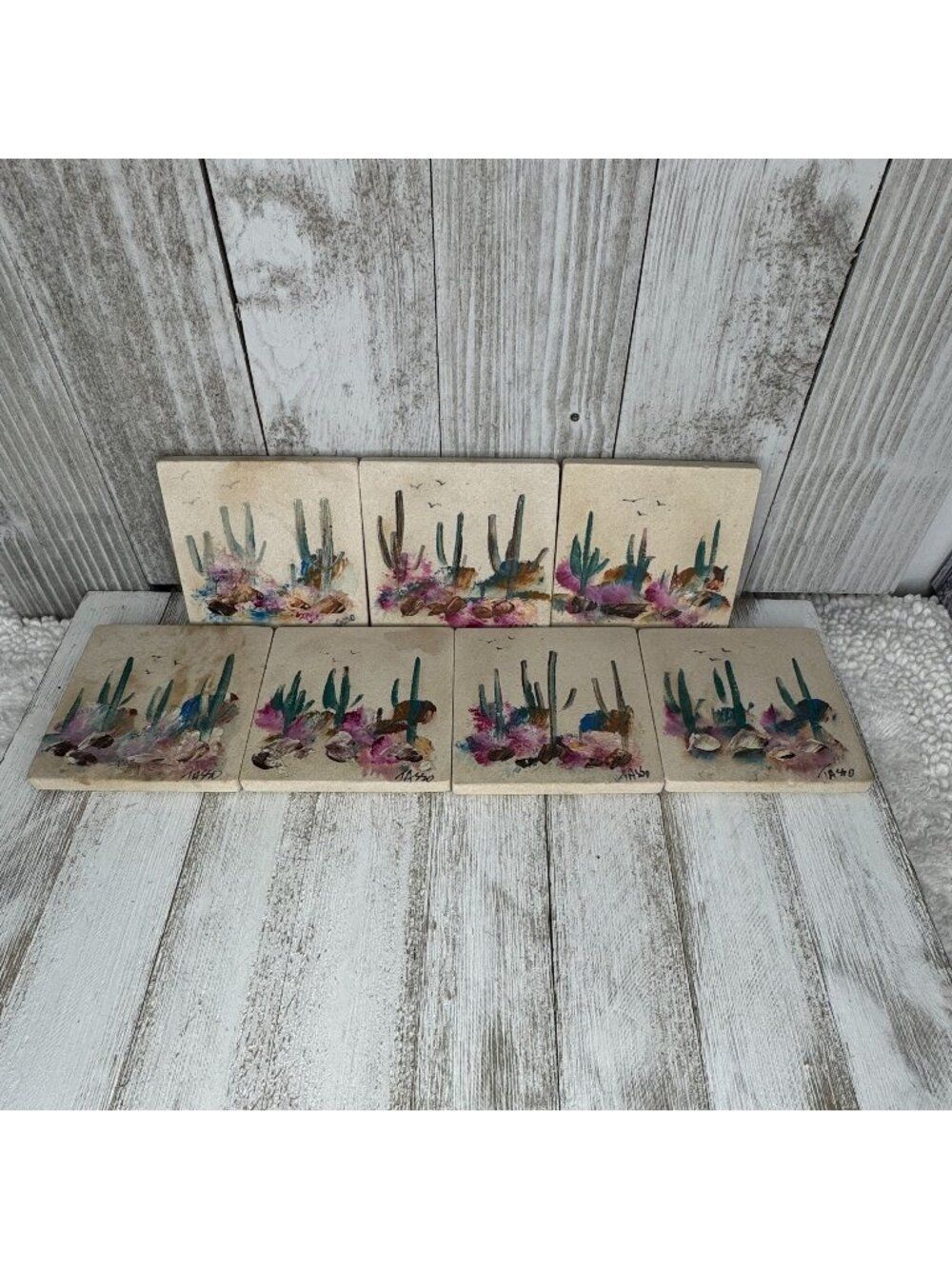 Vintage Hand-Painted Stone / Ceramic Coasters Desert Cactus Scene Tasso Set of 7